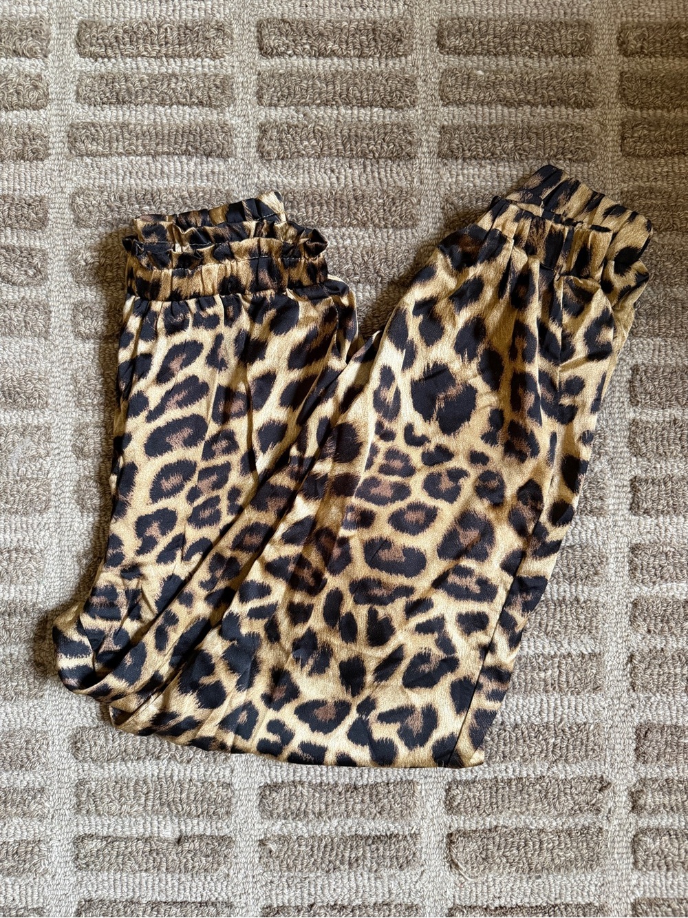 Leopard Print Elastic Waist Track Pants - Tan/Black